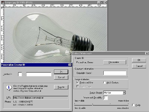Digimarc in Photoshop integriert, mit unterschiedlichen Eingabemöglichkeiten